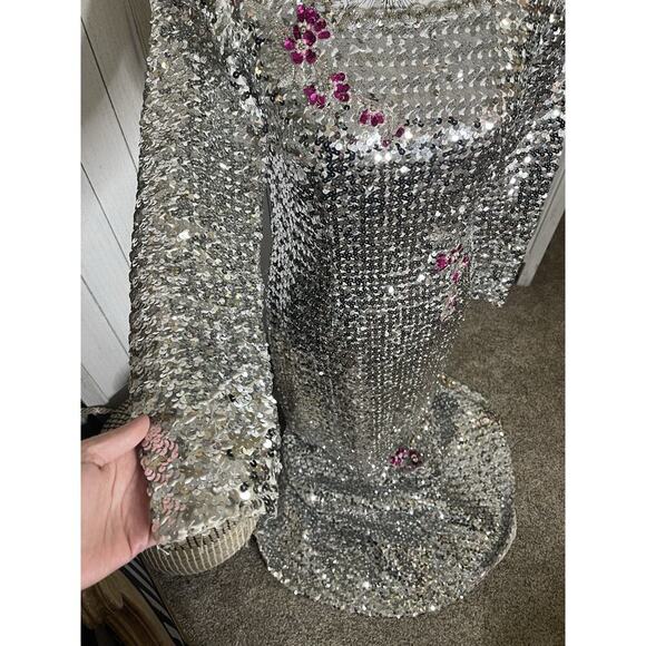 Vintage 60’s 70s Silver Sequin Mermaid Gown Dress Metallic Floral Glam Hollywood - Picture 3 of 12